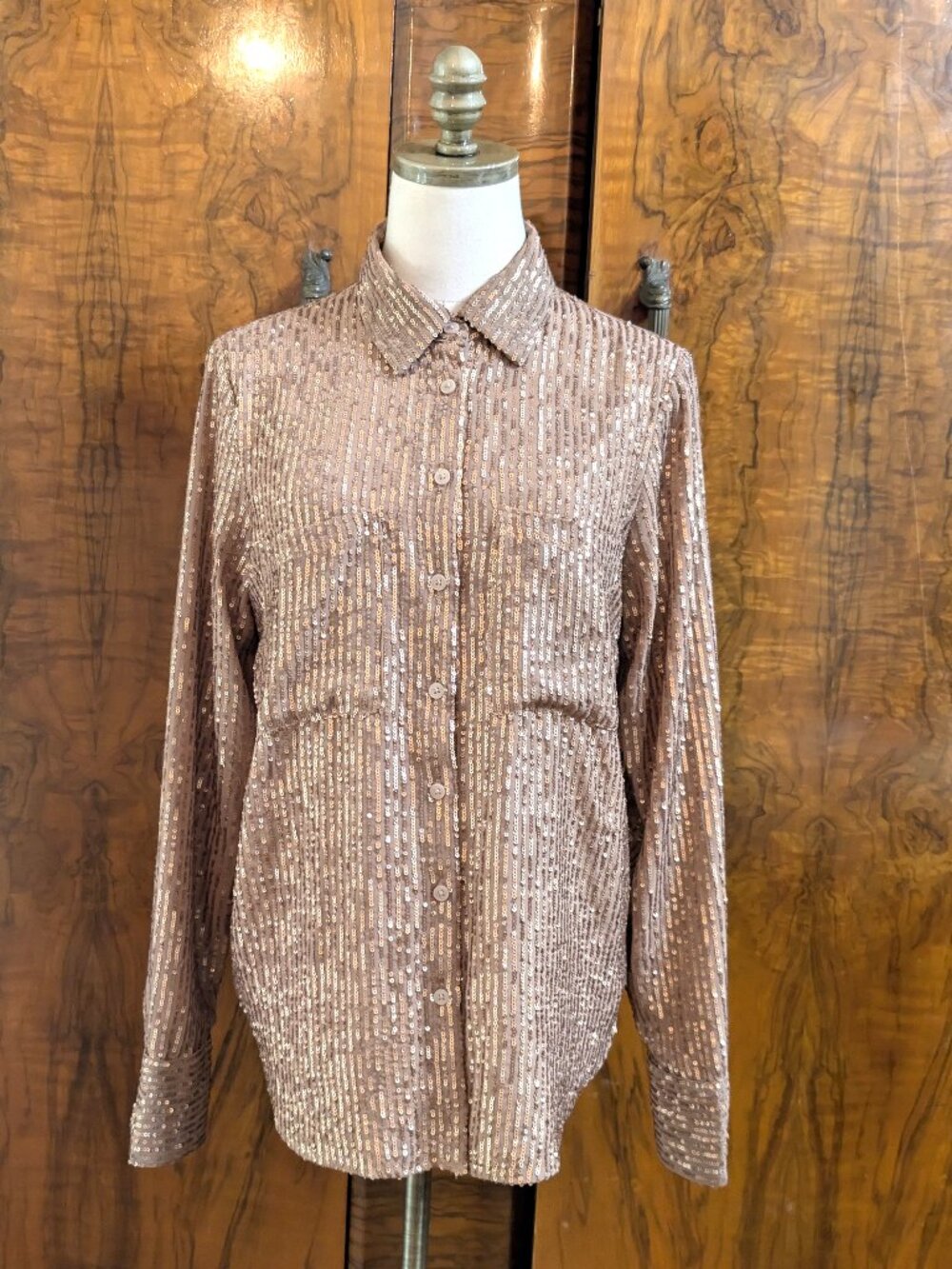 Anthropologie The Remie Sequin Bronze Button Down Shirt Size L Sparkly